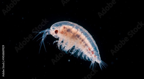Detailed Translucent Segmented Marine Copepod Floating in Deep Dark Water Close Up Photorealistic Rendering