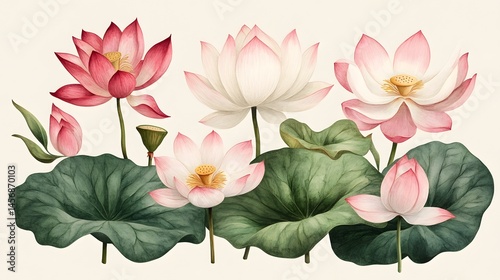 Hand-drawn botanical of lotus flowers and leaves