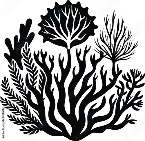 Coral seaweed silhouette, coral seaweed shape aesthetic element, vector, silhouette, abstract cartoon underwater plant collection, vector illustration