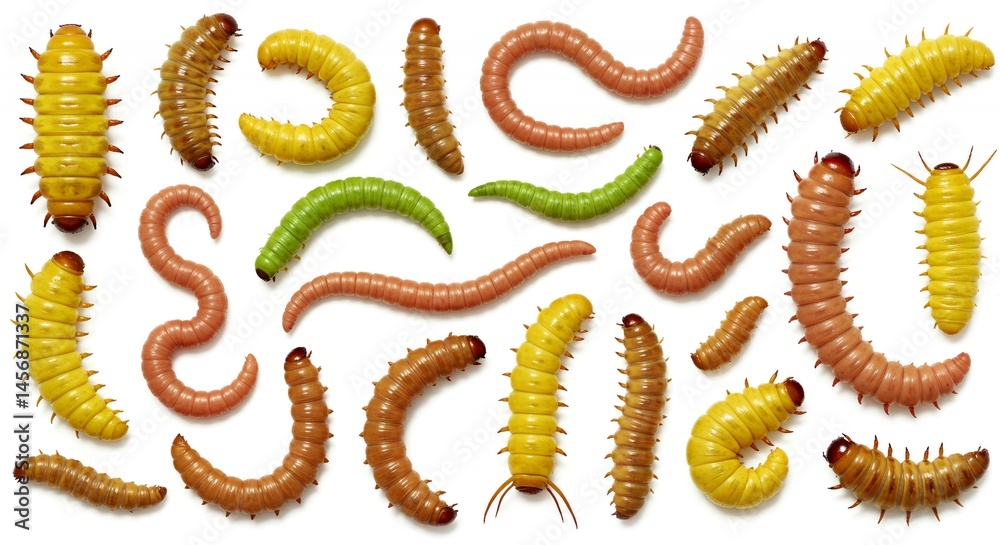 Obraz premium Isolated Colorful Mealworm Larvae Collection on White Backgrounds with Varying Hues such as Yellow Green Brown and Pink Insects Close Up Studio Shot