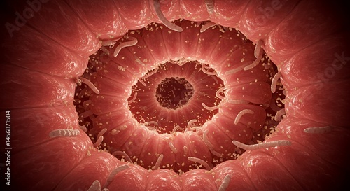 Unsettling Close up View Inside a Colon with Threadlike Worms and Pinkish Red Tissue and Winding Tubular Structure