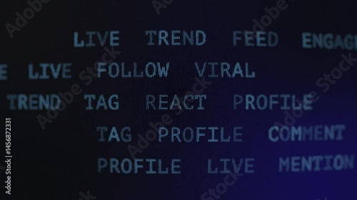 Animated text related to social media trends and engagement, featuring words like 'viral,' 'influence,' and 'react' on a digital screen. Vintage CRT screen