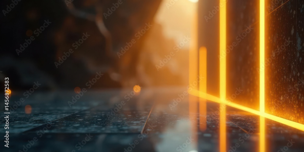 Fototapeta premium Abstract Glowing Lines Illuminating a Dark, Reflective Surface with Subtle Dust Motes and a Hazy, Warm Background