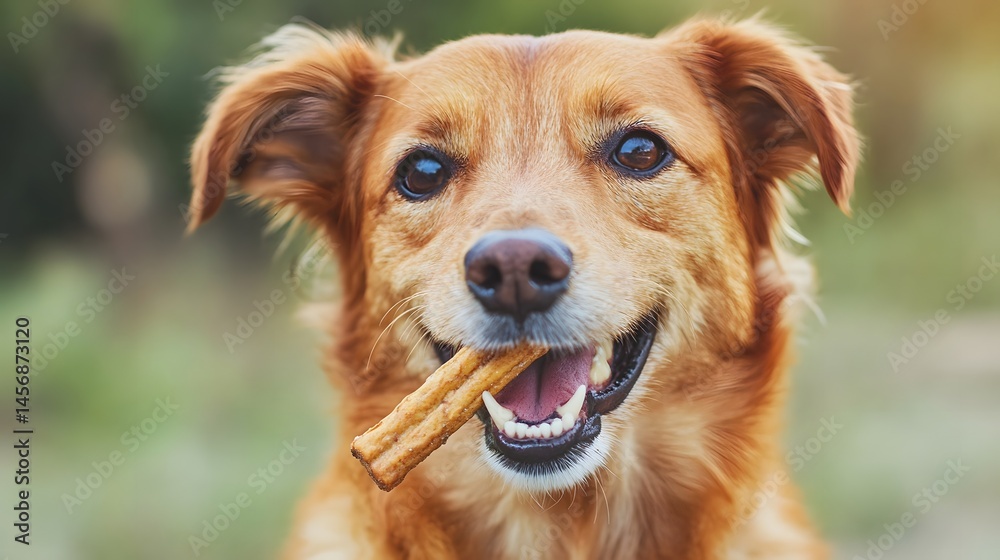 Obraz premium Playful dog biting a dental chew stick