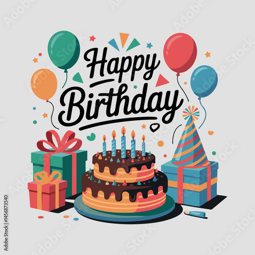A cheerful birthday illustration featuring colorful gift boxes, balloons, and confetti with a "Happy Birthday" greeting. Ideal for party invitations, birthday cards, celebration designs, and festive d