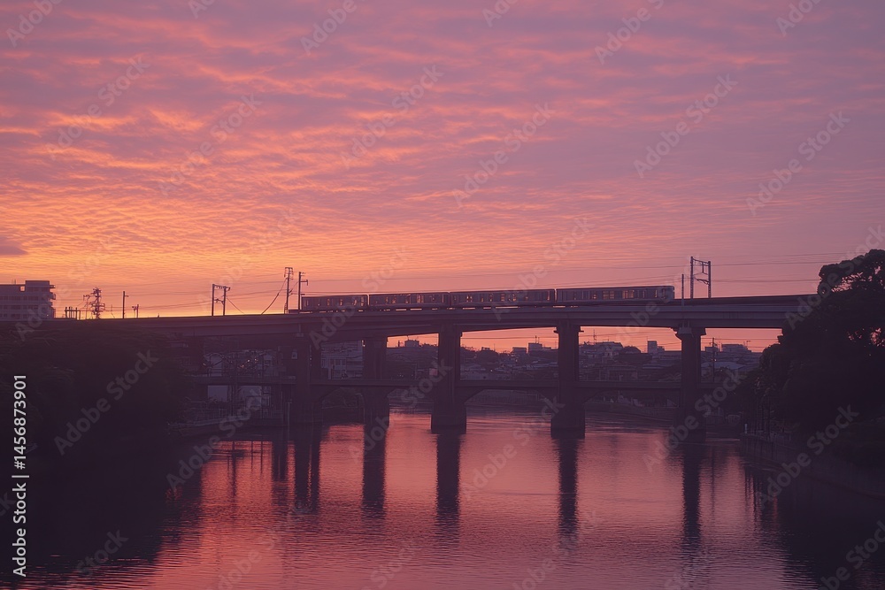Obraz premium Serene Sunset Reflection Over Train Bridge and Calm River Waters