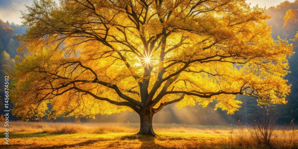 Naklejka premium Golden Autumn Majesty A Solitary Tree Bathed in the Warmth of the Setting Sun, Casting Long Shadows Across a Serene Meadow