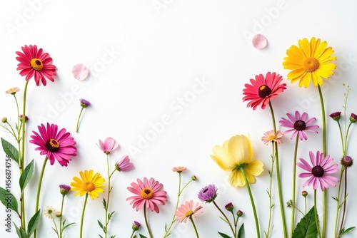 Delicate scattered wildflowers on white background, botanical, aesthetic