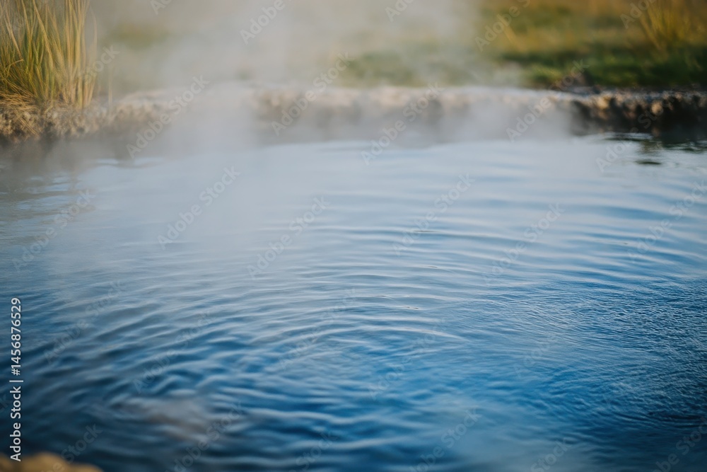 Fototapeta premium Tranquil Hot Spring with Mist and Gentle Ripples Near Green Grass