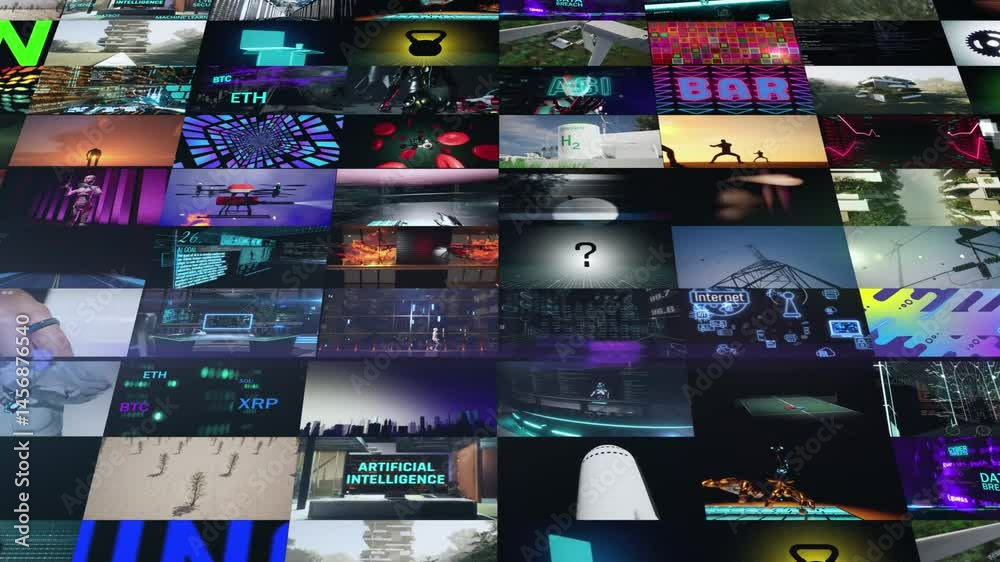 3d background with modern digital technology video wall. A intro montage with many small animations. Title backdrop