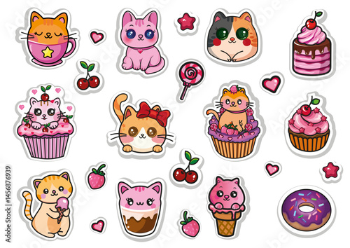 set of funny cartoon animals, cute kawaii cat stickers