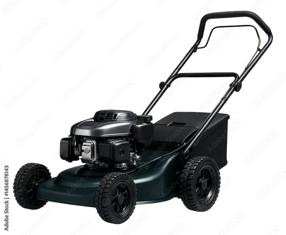 Black gas-powered lawn mower with sturdy wheels and ergonomic handle for efficient grass cutting.