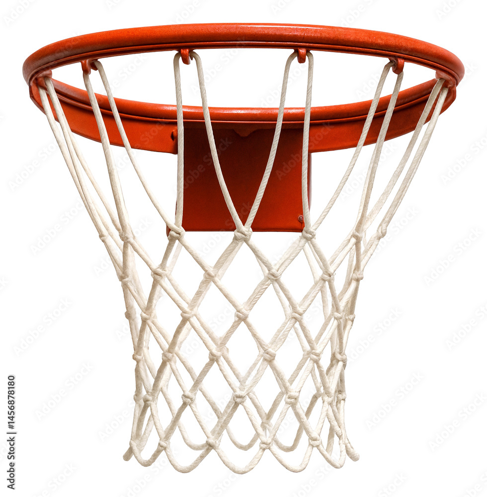 Close-up of an orange basketball hoop with a white net.