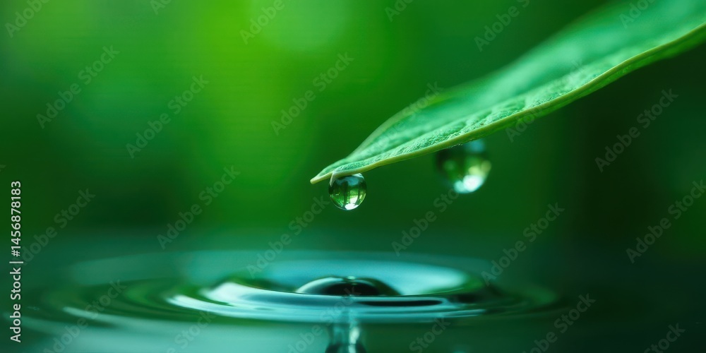 Serene Water Droplets Falling from a Verdant Leaf onto a Still Surface, Creating Concentric Ripples Serene Water Droplets Falling from a Verdant Leaf onto a Still Surface, Creating Concentric Ripples