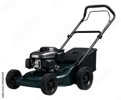 Obraz na płótnie Black gas-powered lawn mower with sturdy wheels and ergonomic handle for efficient grass cutting. w salonie