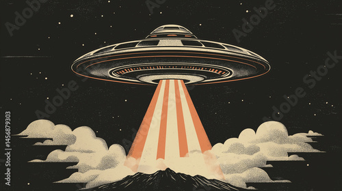Retro Style UFO Hovering in Night Sky with Light Beam - Vintage Sci-Fi Illustration for World UFO Day