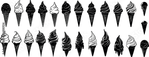 Diverse collection of black silhouettes of ice cream cones in various styles and shapes