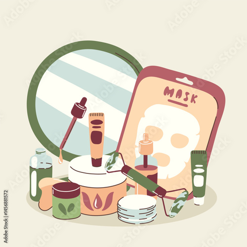 Beauty routine, products for face, self skin care, cream, mask, mirror, toner, bottle, facial cosmetics