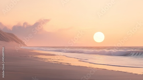 Pastel sunset beach scene. Gentle waves crash on a sandy shore, as the sun sets in a soft, pink-orange sky.  Clouds drift in the pale light