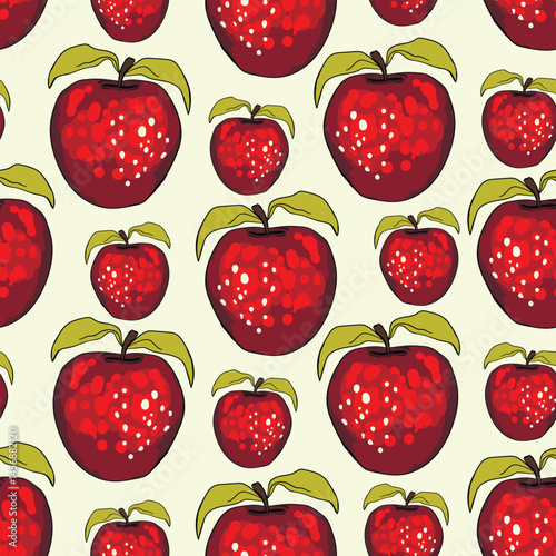 Seamless pattern with apple on color background. Natural delicious fresh ripe tasty fruit. Vector illustration for print, fabric, textile, banner, design. Stylized apples with leaves. Food concept.