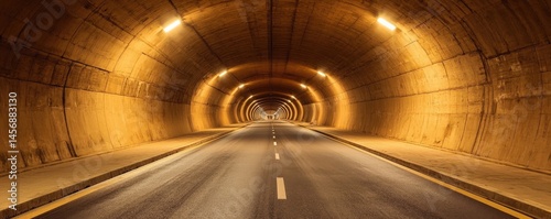Construction infrastructure tunnel progress concept. Empty tunnel with illuminated walls and a straight road ahead.