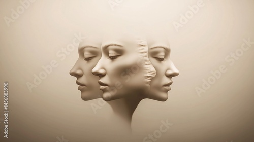 fragmented portrait of a person with multiple faces blending into one, symbolizing the coexistence of different identities within a single individual. Surreal and emotional, with soft lighting 