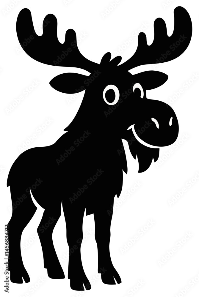 Fototapeta premium Cartoon moose with antlers in fun black silhouette vector style