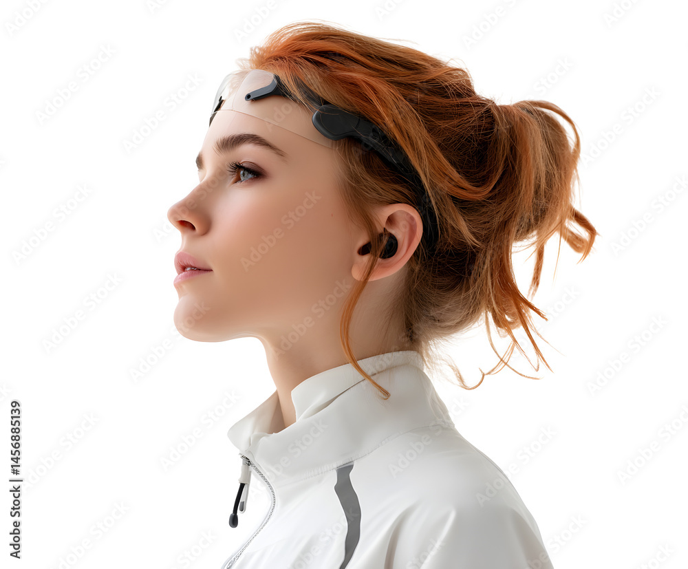 A young woman wearing a neuro-tech device and looking up, side profile view, sporty wear. A young woman wearing a neuro-tech device and looking up, side profile view, sporty wear.