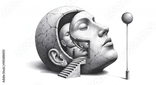 Surreal Grayscale Stone Head Illustration Featuring a Doorway and Nested Heads with an Intricate Staircase Leading to the Inner Mind in a Symbolic Monochrome Art Piece