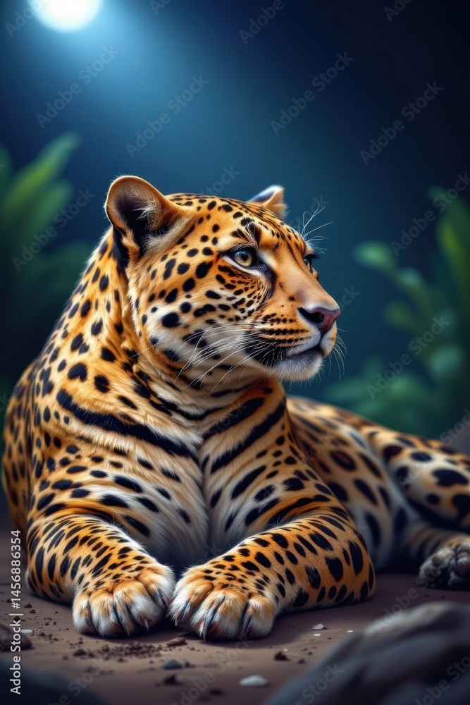 Obraz premium create a close up illustration of a leopard resting and looking away from the viewer under floodlights, place the subject on the left side of the image