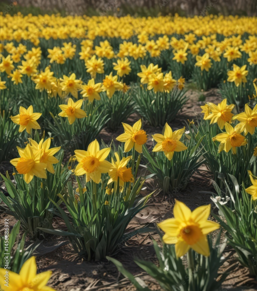 Obraz premium Sunlit field of vibrant yellow daffodils in full bloom , cheerful, springtime