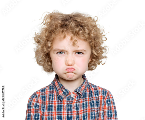 A young boy with curly blonde hair makes an angry, pouty expression at the camera.