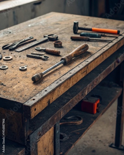 Restoring vintage tools old workbench with grease stains scattered bolts and worn tools workshop high texture detail