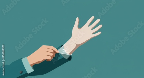 Stylized Pixel Art Hands Putting on Medical Glove With Teal Sleeve on a Teal Background