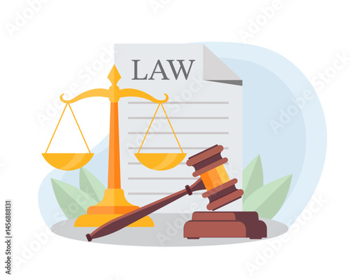 Law and Justice concept illustration. Gavel, Libra and Document. Vector isolated on white.