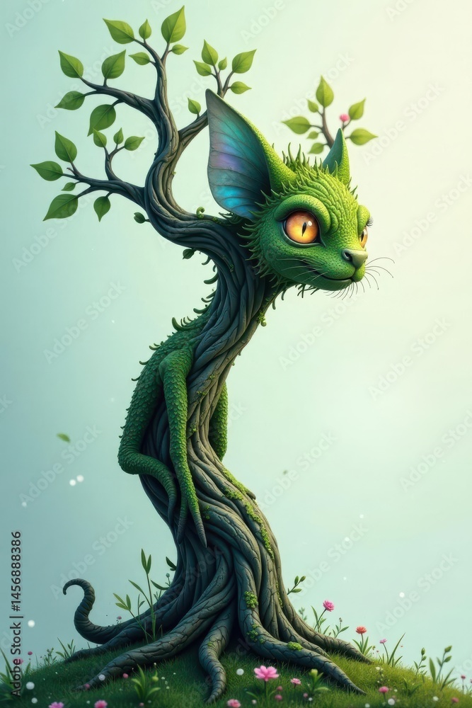 Obraz premium Enchanted Sylvan Feline, a whimsical tree creature with vibrant green scales, iridescent ears, and bright yellow eyes, peacefully rests amidst a field of wildflowers