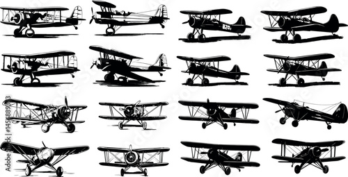 Black silhouette biplanes in different designs on a white background