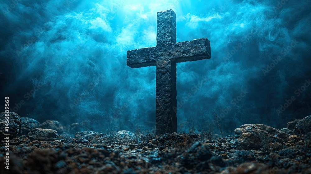 Silhouette of a religious cross against a blue atmospheric background Silhouette of a religious cross against a blue atmospheric background