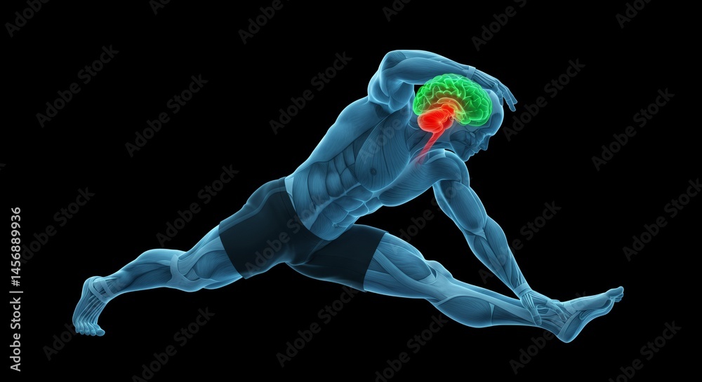 Obraz premium 3D Rendering of a Translucent Blue Male Figure Stretching with Green and Red Brain on Black Background