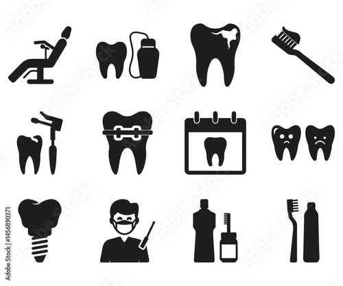 Black and white dental icons showcase diverse healthcare elements