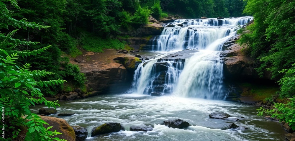 Obraz premium Majestic Gooseberry Falls cascade in Minnesota, rushing water and vibrant green foliage, foliage, river