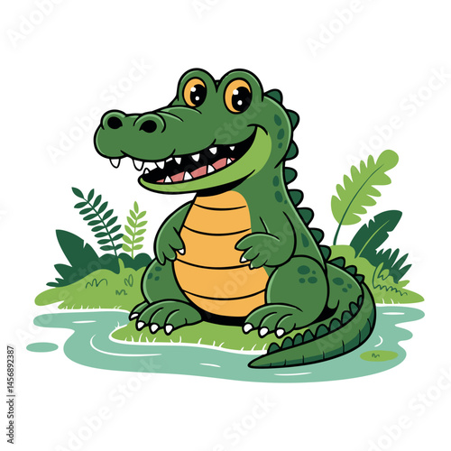 A cute cartoon crocodile sitting happily in a swamp surrounded by green plants.