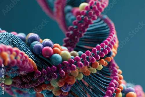 Colorful, abstract representation of DNA helix with vibrant, intertwined strands and spheres, set against blue background, showcasing sense of complexity and creativity