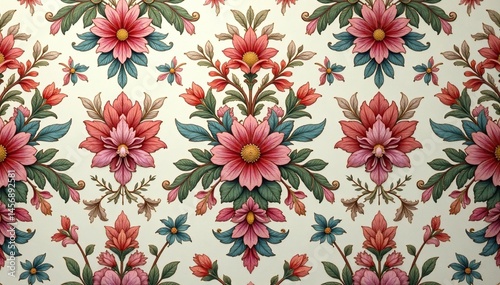 Intricate floral damask pattern in muted tones, wallpaper pattern, background texture