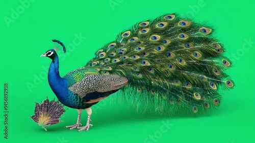 A peacock standing with its feathers displayed against a vibrant green colored background scene view green screen video