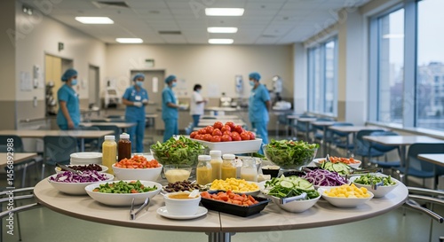 Salad Bar Display with Medical Staff at Hospital Cafeteria Featuring Fresh Vegetables and Healthcare Professionals