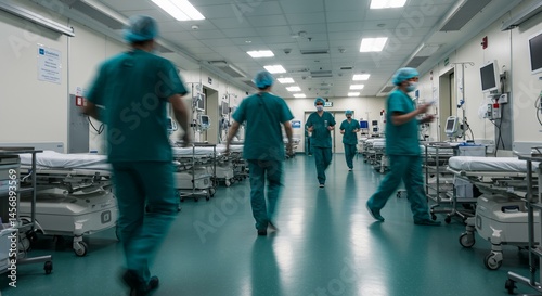 Medical Team in Green Scrubs Walks Down Hospital Corridor Lined with Beds Conveying Urgency and Readiness for Patient Care and Emergency Response
