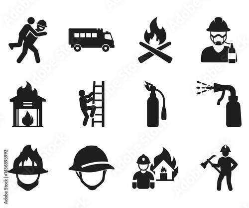 Firefighter rescues person, alongside tools and firerelated symbols