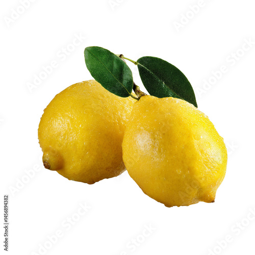Two Fresh Lemons with Leaves on Transparent Background, PNG
