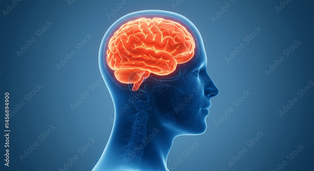 Obraz premium Translucent Blue Male Head Profile Revealing Glowing Orange Brain 3D Render